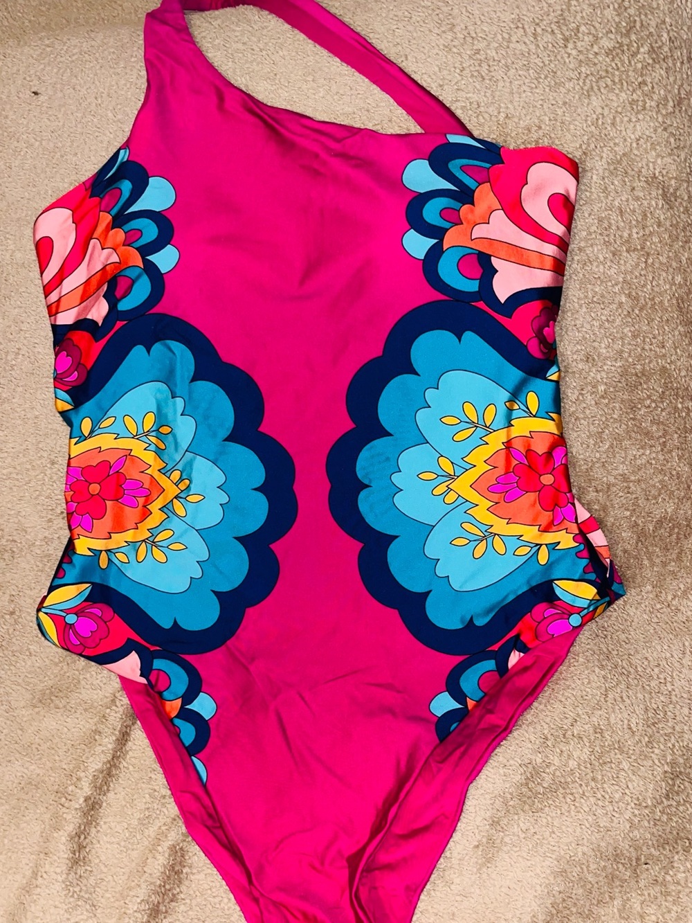 Trina Turk Hot Pink One-Shoulder Floral Medallion One-Piece